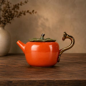 May include: A bright orange ceramic teapot shaped like a pumpkin. The lid features a dark green leaf design with a small stem handle. The teapot has a curved, metallic gold handle and a matching orange spout, creating a distinct, rounded silhouette.