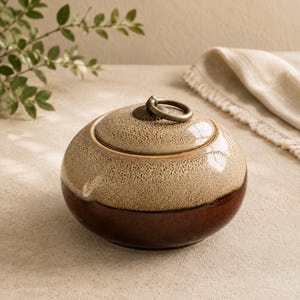 May include: A round ceramic lidded jar featuring a two-tone glaze with a speckled cream-coloured top and a solid dark brown base. The lid is topped with a circular metal ring handle attached to a small, textured, dark-coloured decorative base.