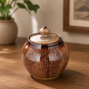 May include: A round ceramic jar with a lid, featuring a glossy brown glaze with a vertical drip pattern. The lid has a small, pointed knob handle and a speckled brown and white finish. The jar has a wide, bulbous body and a smooth, reflective surface.