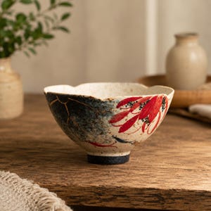 May include: A ceramic bowl with a speckled cream base, featuring a scalloped rim and a hand-painted design of vibrant red floral motifs and dark blue accents. The exterior surface displays a textured finish with a dark, solid-colored circular base.