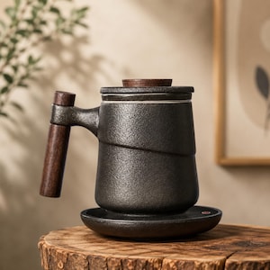 Może przedstawiać: Ciemnoszary, antracytowy kubek ceramiczny do herbaty o teksturowanym, matowym wykończeniu. Kubek posiada cylindryczny korpus, dopasowaną pokrywkę oraz pionowy uchwyt z ciemnobrązowego drewna. Całość stoi na okrągłym ceramicznym spodku.