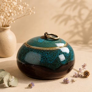 May include: A round ceramic jar with a glossy finish featuring a deep teal and black mottled glaze. The lid is topped with a small, circular brass-colored metal ring handle, providing a functional accent to the smooth, rounded container shape.
