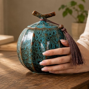 May include: A round ceramic jar with a teal and dark brown mottled glaze, featuring a pumpkin-like ribbed texture and a branch-shaped lid handle. A dark brown cord with a matching wooden bead and a long, thin tassel hangs from the lid.
