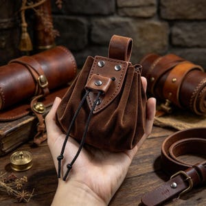 Peut inclure: Une petite pochette à cordon en daim marron dotée d'un rabat en cuir structuré avec quatre rivets métalliques argentés. La pochette comprend une boucle de ceinture sur le dessus et deux cordons noirs avec des extrémités nouées pour la fermeture.