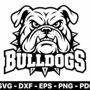 May include: A black and white graphic illustration of a bulldog head with a spiked collar, featuring the text BULLDOGS below the image and the file formats SVG - DXF - EPS - PNG - PDF listed at the bottom in a bold, sans-serif font.