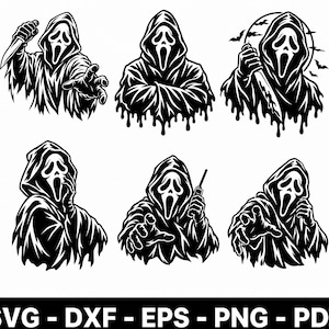 Puede incluir: Una colección de seis ilustraciones gráficas en blanco y negro que muestran una figura encapuchada con una máscara fantasmal en varias poses, incluyendo sosteniendo un cuchillo o un teléfono, con el texto SVG - DXF - EPS - PNG - PDF abajo.
