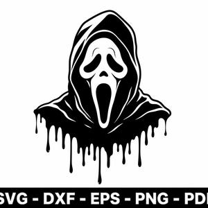 Puede incluir: Una ilustración gráfica en blanco y negro de una figura encapuchada con un rostro distorsionado y alargado y una boca abierta gritando. El borde inferior de la capa presenta un efecto de pintura que gotea. El texto en la parte inferior dice SVG - DXF - EPS - PNG - PDF.