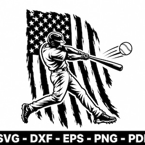 May include: A black and white graphic illustration of a baseball player swinging a bat at a ball, positioned in front of a distressed American flag. The bottom of the image features the text SVG - DXF - EPS - PNG - PDF in bold letters.