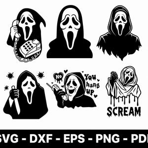 May include: A collection of six black and white graphic illustrations featuring the Ghostface character in various poses, including holding a telephone, a knife, and text that reads No You hang up and SCREAM, presented in SVG, DXF, EPS, PNG, and PDF formats.