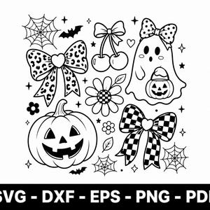 Könnte beinhalten: Eine schwarz-weiße digitale Illustration mit einer Sammlung von Halloween-Motiven, darunter ein Kürbisgesicht, ein Geist mit einem Kürbiseimer, Spinnennetze, Fledermäuse, Blumen und verschiedene Schleifen mit Leoparden- und Karomustern.