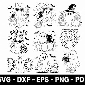 May include: A collection of nine black and white illustrations featuring ghosts in various scenes, including ghosts with bows, sunglasses, pumpkins, cats, a dog, and coffee cups. Text includes BOO-JEE, STAY SPOOKY, and BOO. Bottom text reads SVG-DXF-EPS-PNG-PDF.