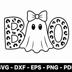 May include: A black and white graphic design featuring the word BOO, where the letters B and O are filled with a leopard print pattern. A ghost with a bow on its head replaces the middle letter O, featuring two solid black oval eyes.