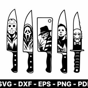 May include: A set of five black and white graphic illustrations of knives, each featuring a different horror movie character silhouette on the blade. The text at the bottom reads SVG - DXF - EPS - PNG - PDF, indicating available file formats.
