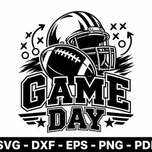 May include: A black and white graphic design featuring a football helmet and a football positioned above the bold text GAME DAY. The illustration includes stylised play diagrams with arrows and X marks, finished with two stars at the bottom.
