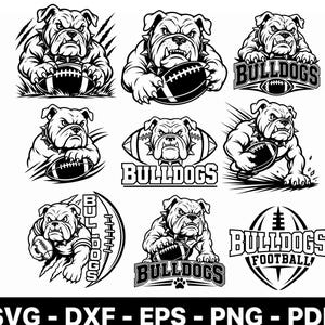 May include: A collection of nine black and white graphic illustrations featuring a bulldog mascot with a spiked collar holding a football. Several designs include the text BULLDOGS or BULLDOGS FOOTBALL. The bottom of the image displays SVG, DXF, EPS, PNG, PDF.