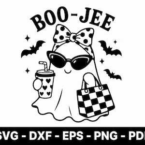 May include: A black and white graphic design featuring a ghost wearing cat-eye sunglasses and a polka dot headband. The ghost holds a heart-patterned cup with a straw and a checkered tote bag, surrounded by bats and stars, with the text BOO-JEE above.