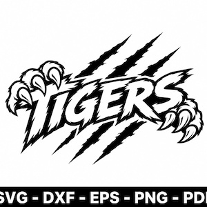 Puede incluir: Un diseño gráfico en blanco y negro que presenta la palabra TIGERS en una fuente audaz y estilizada. El texto está parcialmente oscurecido por dos grandes marcas de garras de tigre, con una pata con garras visible a la izquierda y otra a la derecha.