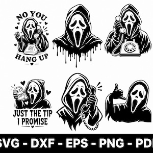May include: A collection of six black and white graphic illustrations featuring a hooded figure with a ghost mask. The designs include text such as NO YOU HANG UP and JUST THE TIP I PROMISE, alongside imagery of rotary telephones and hand gestures.