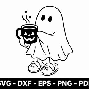 May include: A black and white line art illustration of a ghost wearing fuzzy slippers and holding a jack-o'-lantern mug with steam and small hearts rising above it. The text SVG - DXF - EPS - PNG - PDF is printed in white on a black bar at the bottom.