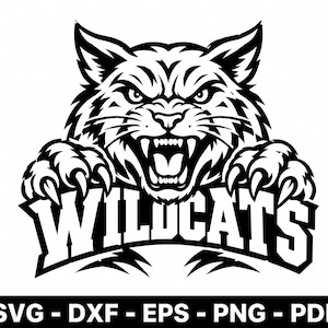 May include: A black and white graphic illustration of a snarling wildcat with bared teeth and extended claws, positioned above the word WILDCATS in bold, capitalized lettering. The design includes file format text SVG - DXF - EPS - PNG - PDF.