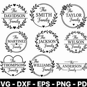 May include: A collection of eight black and white circular and heart-shaped family name monograms featuring floral wreath accents and decorative text including names like Davidson, Smith, Taylor, Martinez, Jackson, Wilson, Thompson, Williams, and Anderson.
