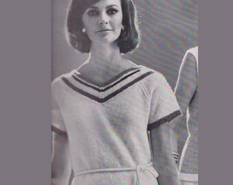 Women's V-Neck Shift Dress - Vintage Knitting Pattern - 1960's original - Short-Sleeve Sweater Dress with striped yoke detail (64C12)