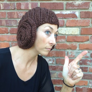 Princess Leia Bun Hat knitting pattern for cap with earflap buns that looks like a Leia wig funny and warm costume headgear image 1