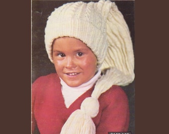 Kids EXTRA-Long Stocking Cap with Tassel & Twisted Ribbing - 1960's Vintage Knitting Pattern - Throw-Back Hipster Style (69A15)