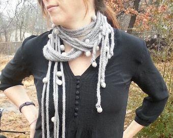 Shades of Grey Roped and Tied Scarf Necklace - Knitting Pattern for a modern, sexy, light scarf with cords and wool beads