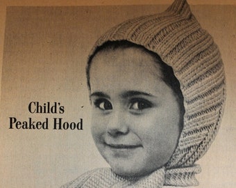 Child's Peaked Hood with scarf - Vintage Knitting Pattern - 1950's Kids or Baby hat (52A6)