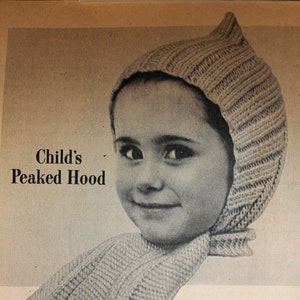 Child's Peaked Hood with scarf - Vintage Knitting Pattern - 1950's Kids or Baby hat (52A6)