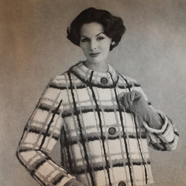Women's Plaid Coat - Vintage Knitting Pattern - 1960's Retro Mod Bulky Sweater Coat - button-up sweater coat (62A8)
