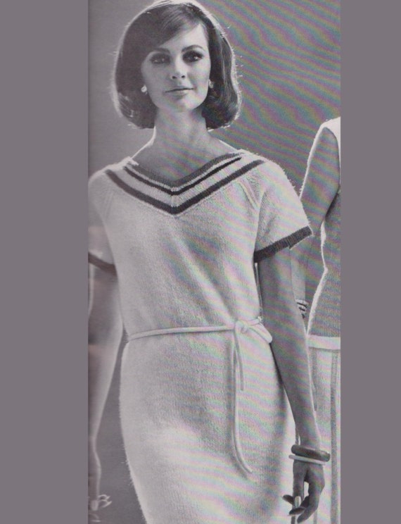 Women's V-Neck Shift Dress - Vintage Knitting Pattern - 1960's original - Short-Sleeve Sweater Dress with striped yoke detail (64C12) Women's V-Neck Shift Dress - Vintage Knitting Pattern - 1960's original - Short-Sleeve Sweater Dress with striped yoke detail (64C12)