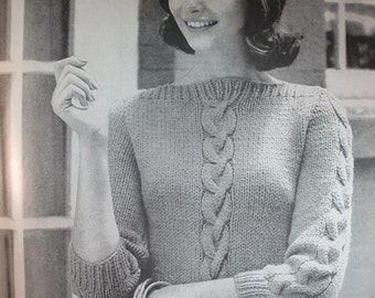 Women's Mod Sweater with boatneck and cable design - Vintage Knitting Pattern - 1960's original "Cable Interest" Sweater (62A26)