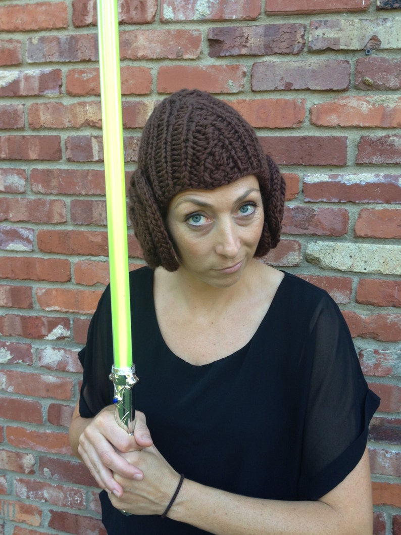 Princess Leia Bun Hat knitting pattern for cap with earflap buns that looks like a Leia wig funny and warm costume headgear image 2