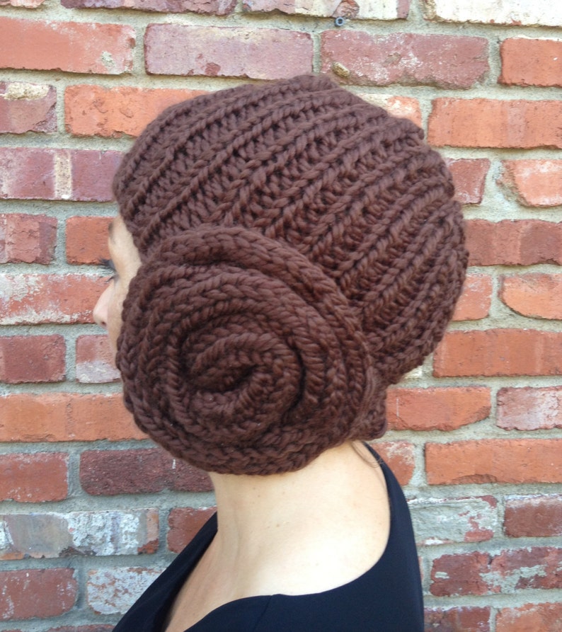 Princess Leia Bun Hat knitting pattern for cap with earflap buns that looks like a Leia wig funny and warm costume headgear image 4