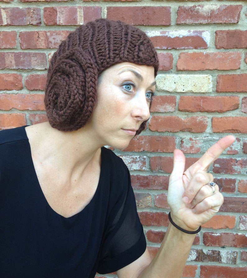 Princess Leia Bun Hat knitting pattern for cap with earflap buns that looks like a Leia wig funny and warm costume headgear image 1
