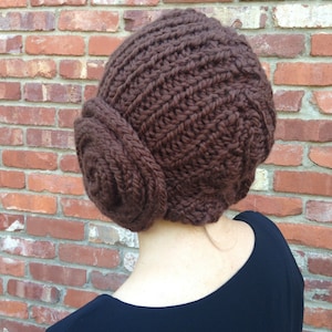 Princess Leia Bun Hat knitting pattern for cap with earflap buns that looks like a Leia wig funny and warm costume headgear image 3