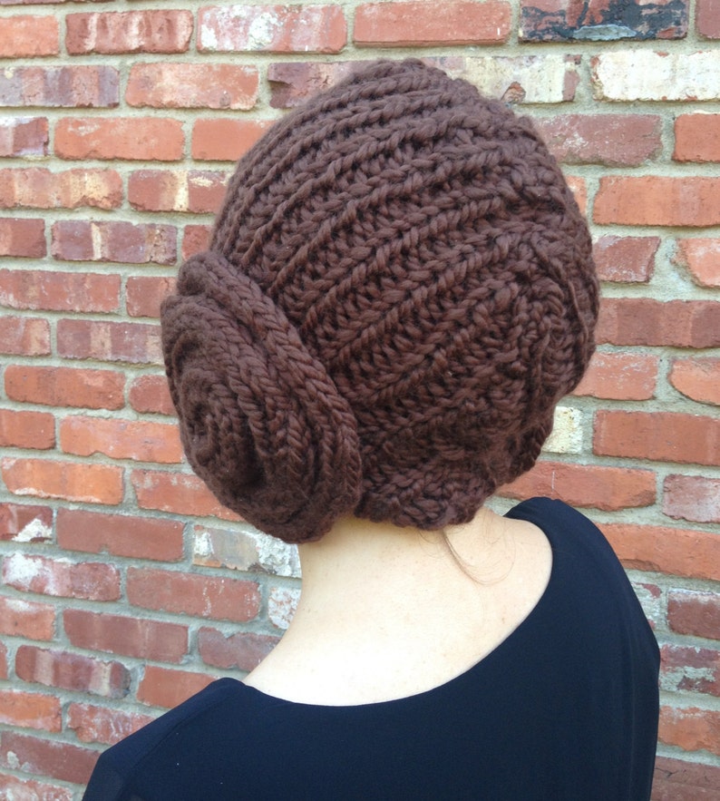 Princess Leia Bun Hat knitting pattern for cap with earflap buns that looks like a Leia wig funny and warm costume headgear image 3