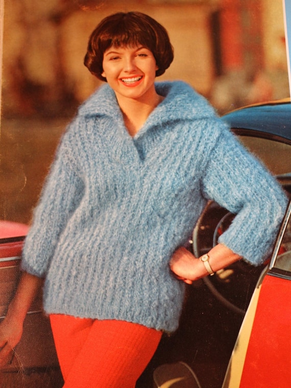 Women's Slipon Sweater with Wide Collar Vintage Knitting Pattern 1960's  Retro Mod Bulky Ribbed Sweater (62A3)