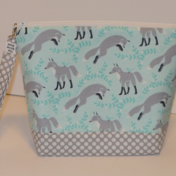 Playful fox and gray dots small project  / cosmetic bag with free US shipping