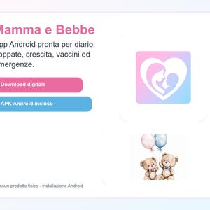 Può includere: Una scheda prodotto digitale per l'app Android Mamma e Bebbe, con un'icona rosa e blu che mostra la silhouette di una madre e un bambino dentro un cuore, e due orsetti di peluche che tengono palloncini rosa e blu su uno sfondo bianco.