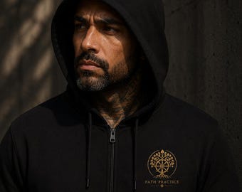 Sudadera con capucha y cremallera para hombre Path Practice, con emblema del Árbol de la Vida Bodhi budista, Rueda del Dharma y Mandala Dorado en el pecho / Sudadera con cremallera completa