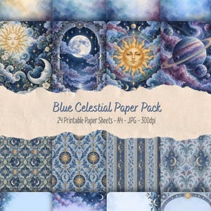 May include: A collection of digital paper sheets featuring celestial themes with suns, moons, planets, and clouds in shades of blue, gold, and purple. The text reads Blue Celestial Paper Pack, 24 Printable Paper Sheets - A4 - JPG - 300dpi.