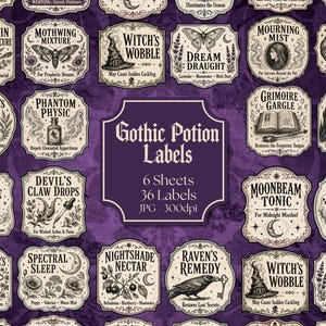 May include: A collection of 36 decorative potion labels on 6 sheets, featuring intricate black ink illustrations of gothic themes like skulls, ravens, and moons on cream-colored backgrounds with the text Gothic Potion Labels.