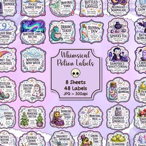 May include: A collection of 48 decorative potion labels across 8 sheets, featuring purple borders and whimsical illustrations like ghosts, dragons, and moons. The central text reads Whimsical Potion Labels, 8 Sheets, 48 Labels, JPG - 300dpi.