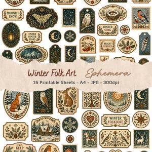 Könnte beinhalten: Eine Sammlung druckbarer Ephemera mit winterlichen Illustrationen von Füchsen, Eulen, Vögeln, Hirschen, Schneeflocken und Hütten. Die Etiketten enthalten Texte wie Moonlit Snow, Winter Song, Bright Berries, Winter Folklore, Keep The Fire Warm, A Quiet Winter, Sun After Snow und Old Winter Tales.