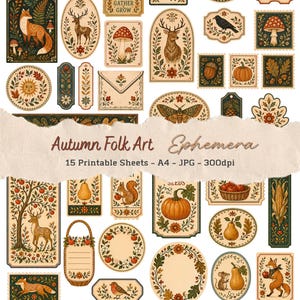 Autumn Folk Art Printable Ephemera, Scandinavian Woodland Animals, Harvest Collage Supplies, Fussy Cuts (Digital Download)