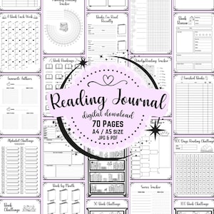 May include: A digital reading journal download featuring 70 pages in A4 and A5 sizes. The collection includes various black and white printable templates such as book reviews, reading trackers, book rankings, challenges, and bookshelf illustrations.