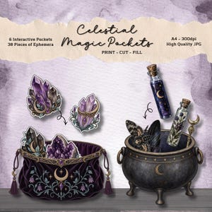 May include: A digital printable set titled Celestial Magic Pockets featuring 6 interactive pockets and 38 pieces of ephemera. The graphics include purple crystal clusters, a dark purple pouch with moon motifs, a black cauldron, and glass vials.